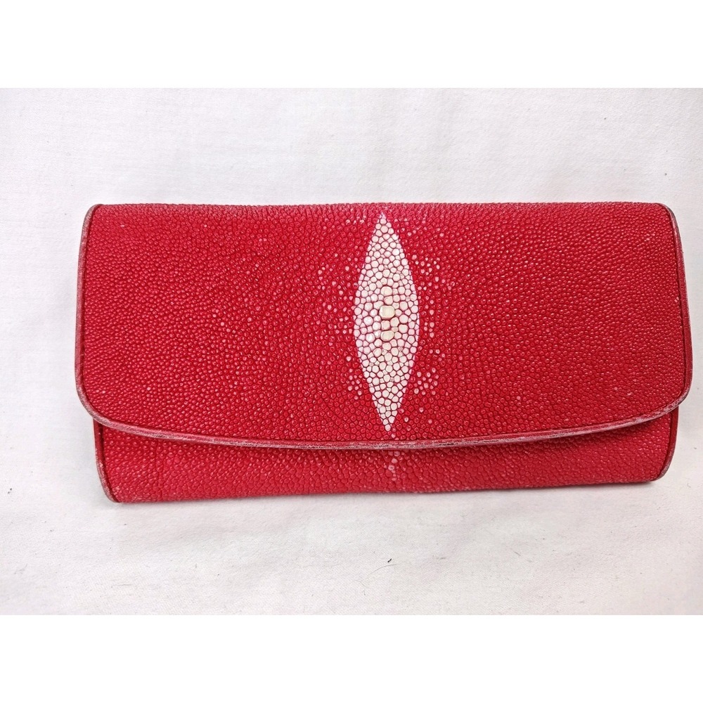 MARULEX Genuine Red Stingray Leather Trifold Womens Long Clutch Wallet Organizer
